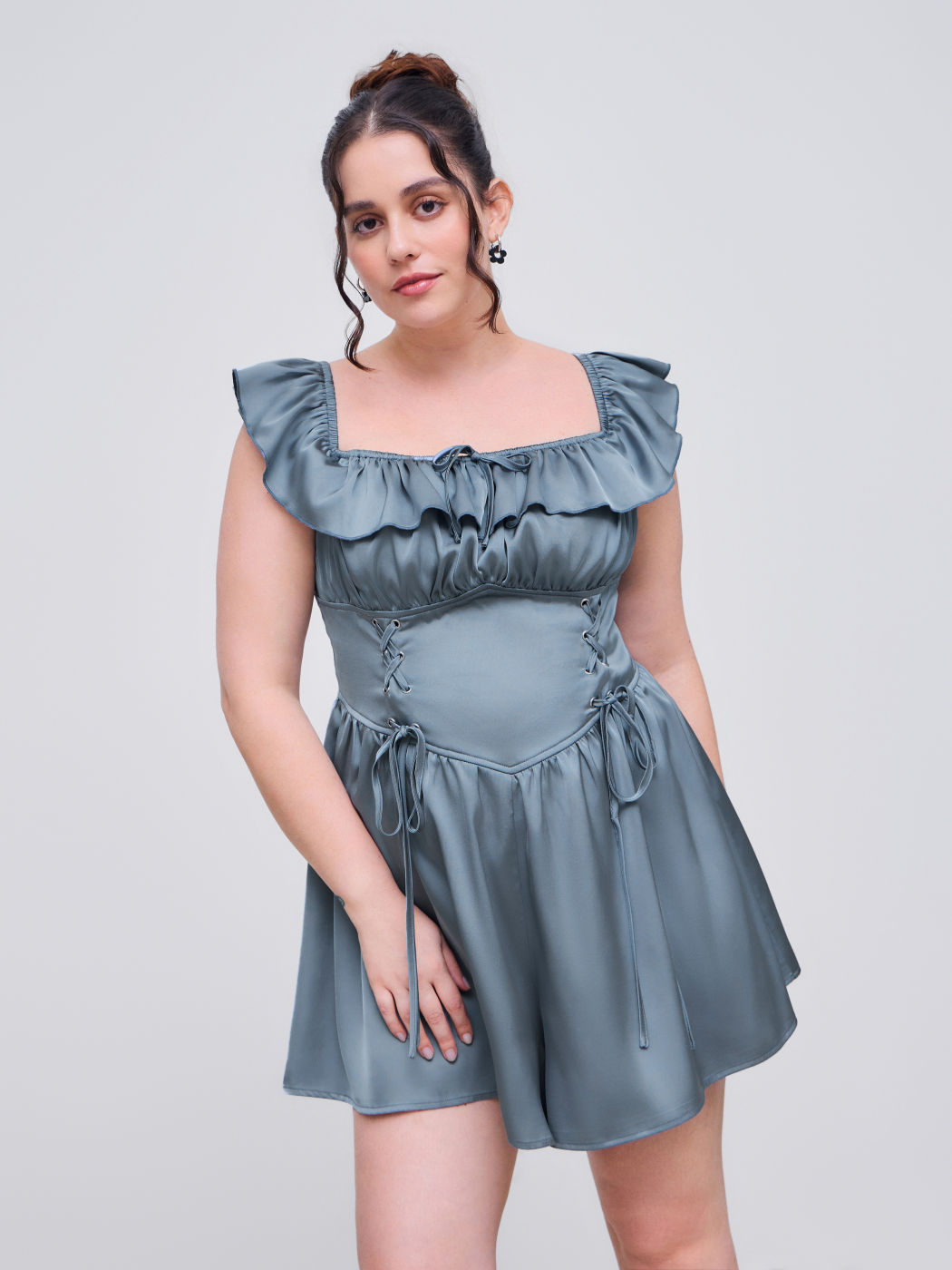 Satin U-neckline Lace Up Lettuce Trim Romper Curve & Plus