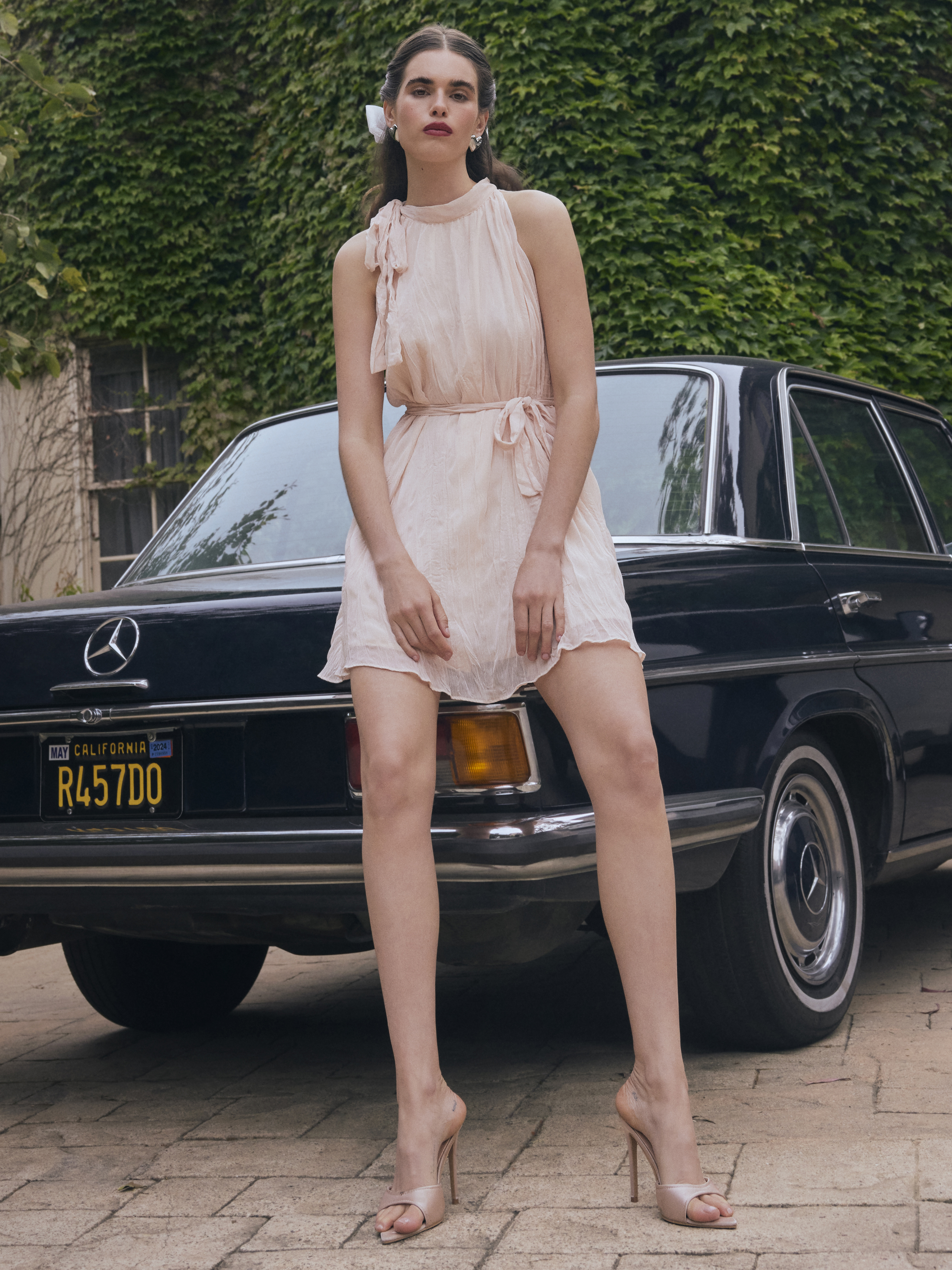 Chiffon Chiffon Stand Collar Solid Ruched Knotted Mini Dress