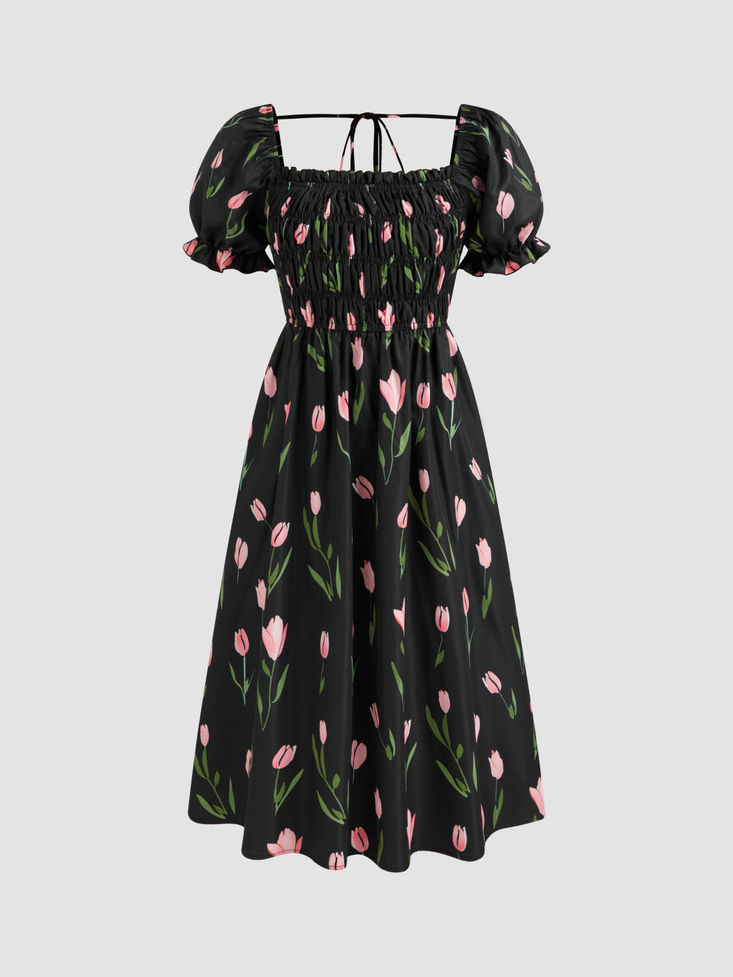 Square Neck Floral Knotted Midi Dress