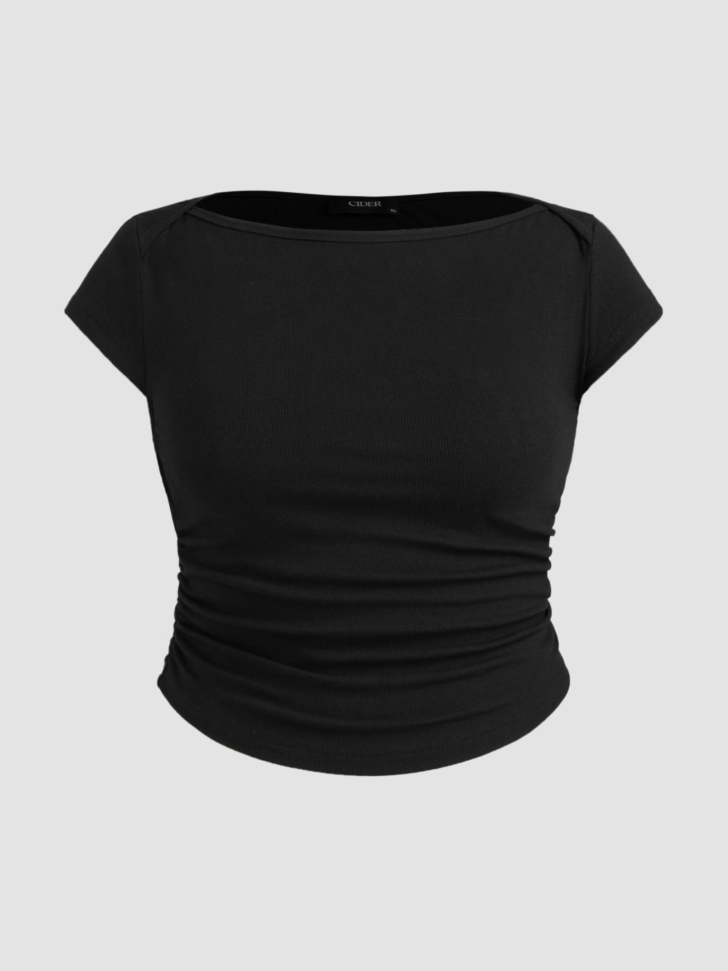 Cotton-blend Boat Neck Solid Ruched Short Sleeve Tee Curve & Plus