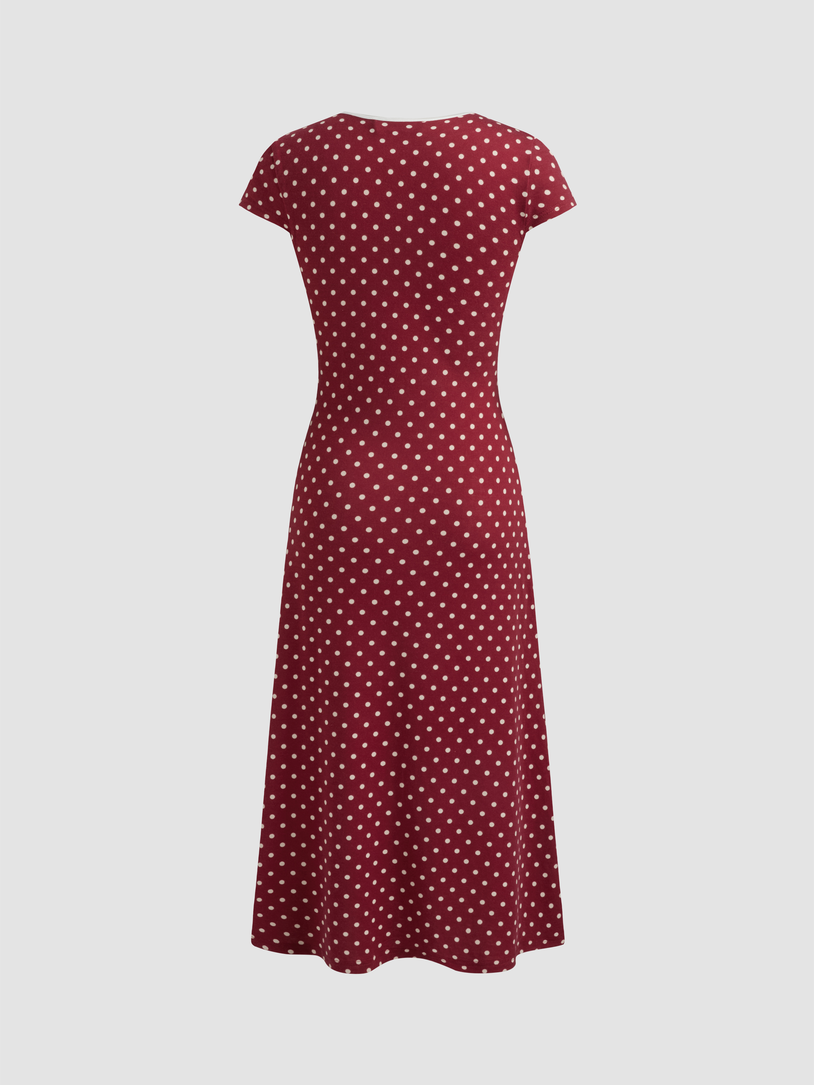 Knit Fabric Knit V-neck Polka Dot Bowknot Midi Dress For