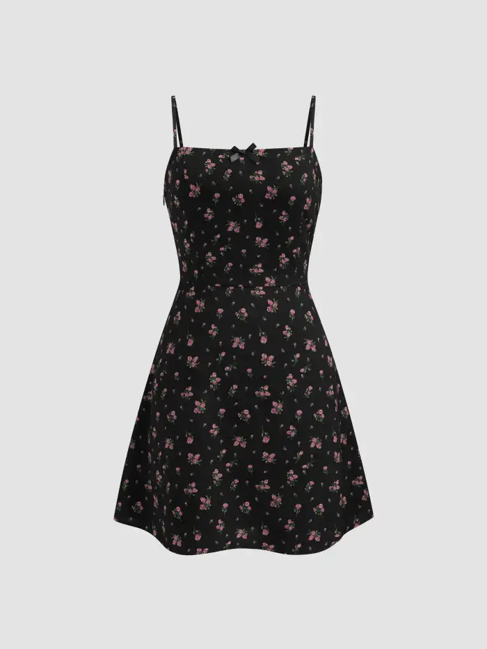 Woven Square Neck Floral Bowknot Cami Mini Dress For School Date