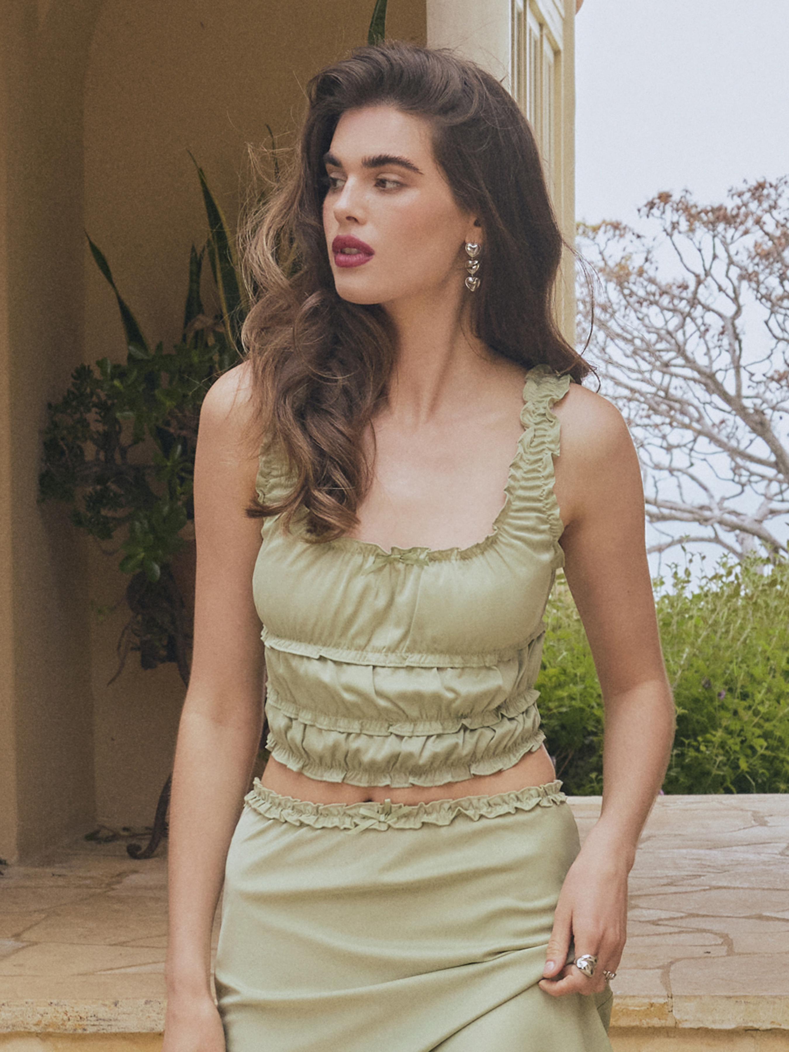 Sage Green Woven Square Neck Lettuce Trim Bowknot Ruffle