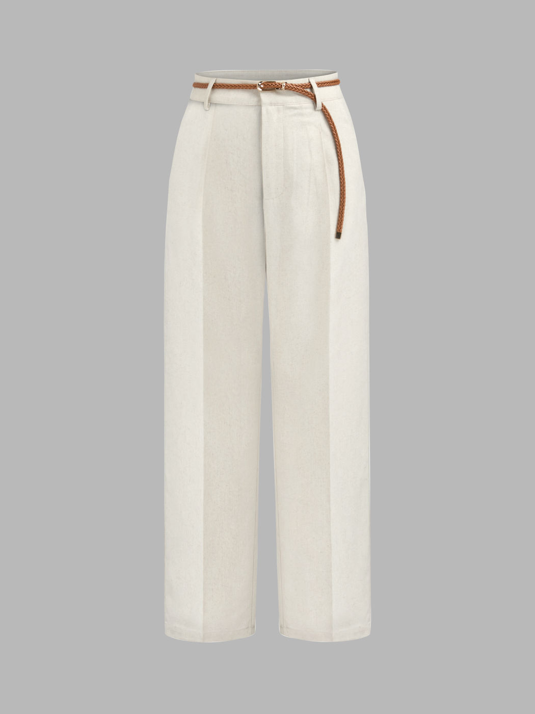 Linen-blend Mid Rise Solid Straight Leg Trousers With Belt