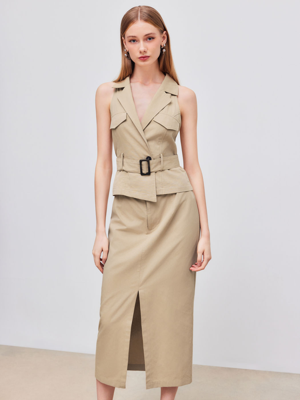 100% Cotton Collar Solid Split Midi Dress With Belt