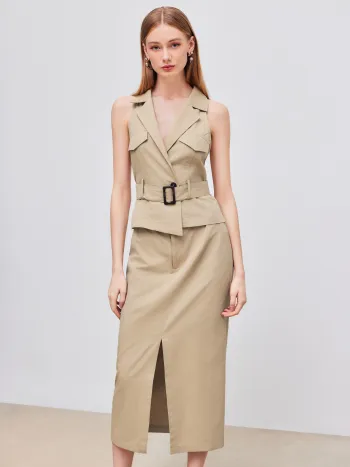 100% Baumwolle Kragen Einfarbiges Midikleid mit Gürtel