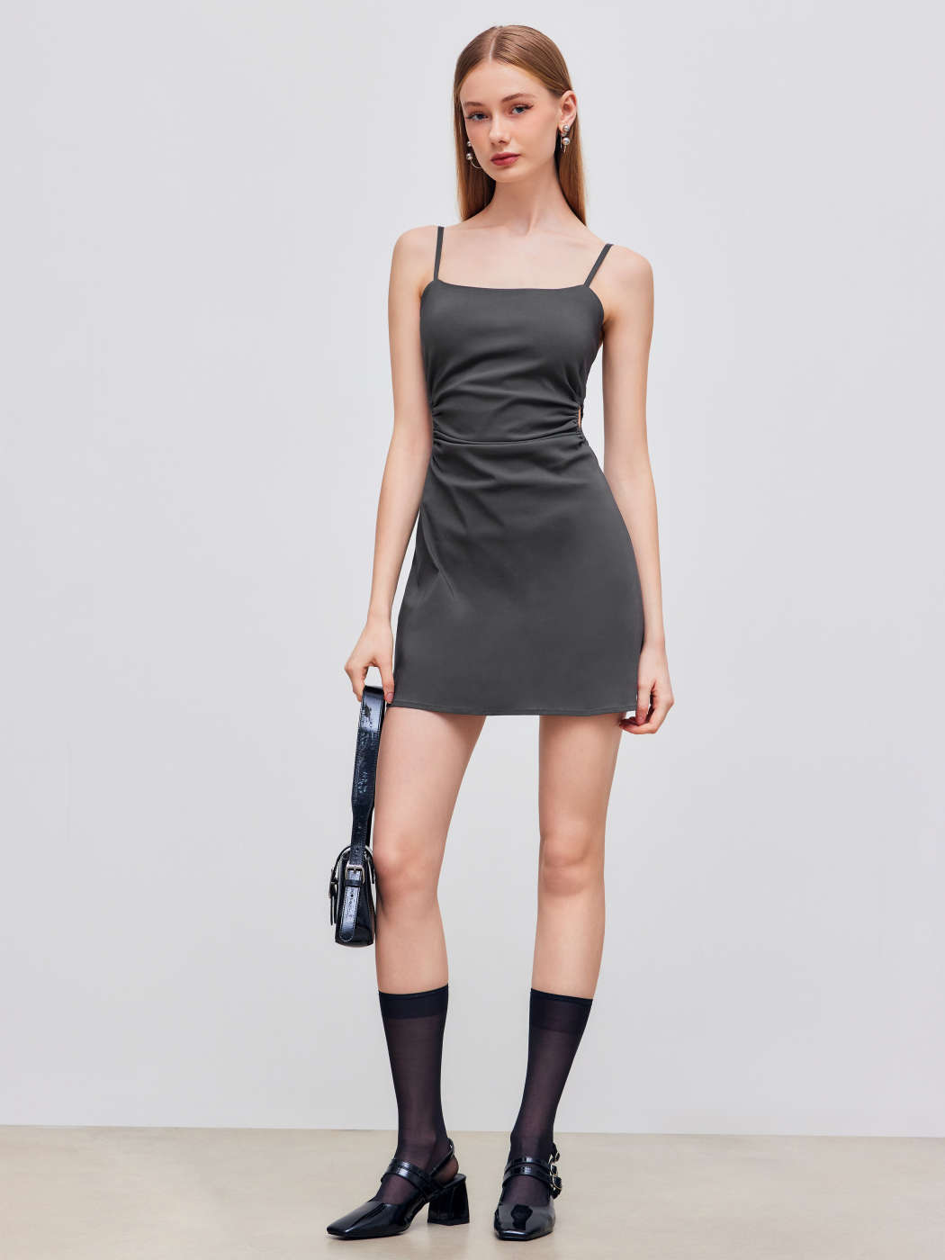 knee length dresses for ladies PENELOPE Ruched Cami Mini Ruffle Dress – Miss Behave Girls Corp main image 1