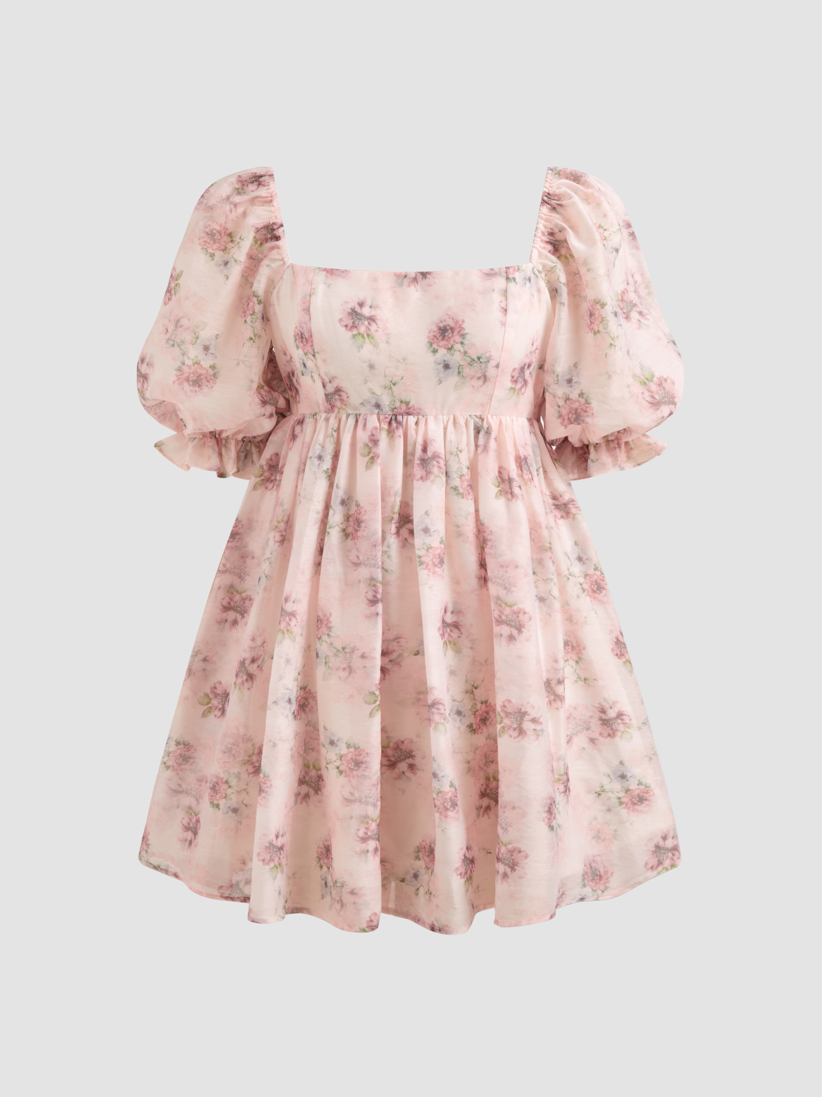 Woven Square Neck Floral Puff Sleeve Babydoll Mini Dress For