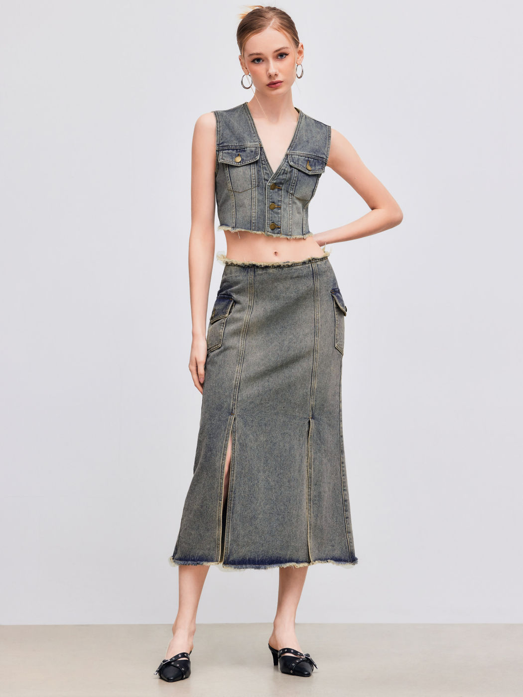 Denim Low Rise Pocket Split Mermaid Maxi Skirt