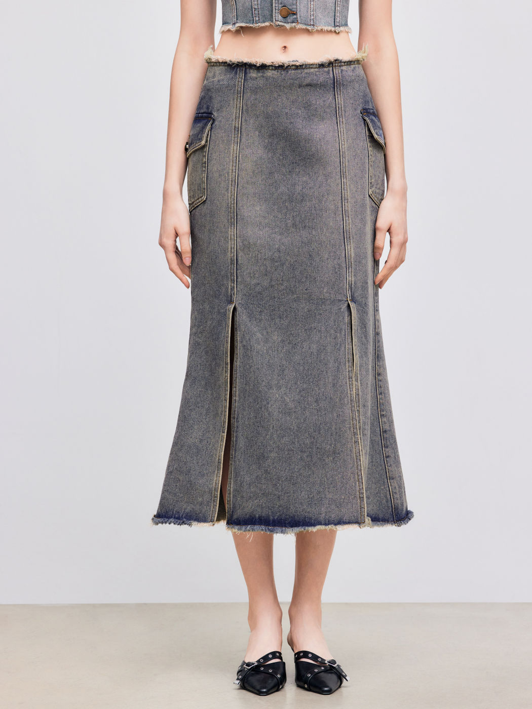 Denim Low Rise Pocket Split Mermaid Maxi Skirt