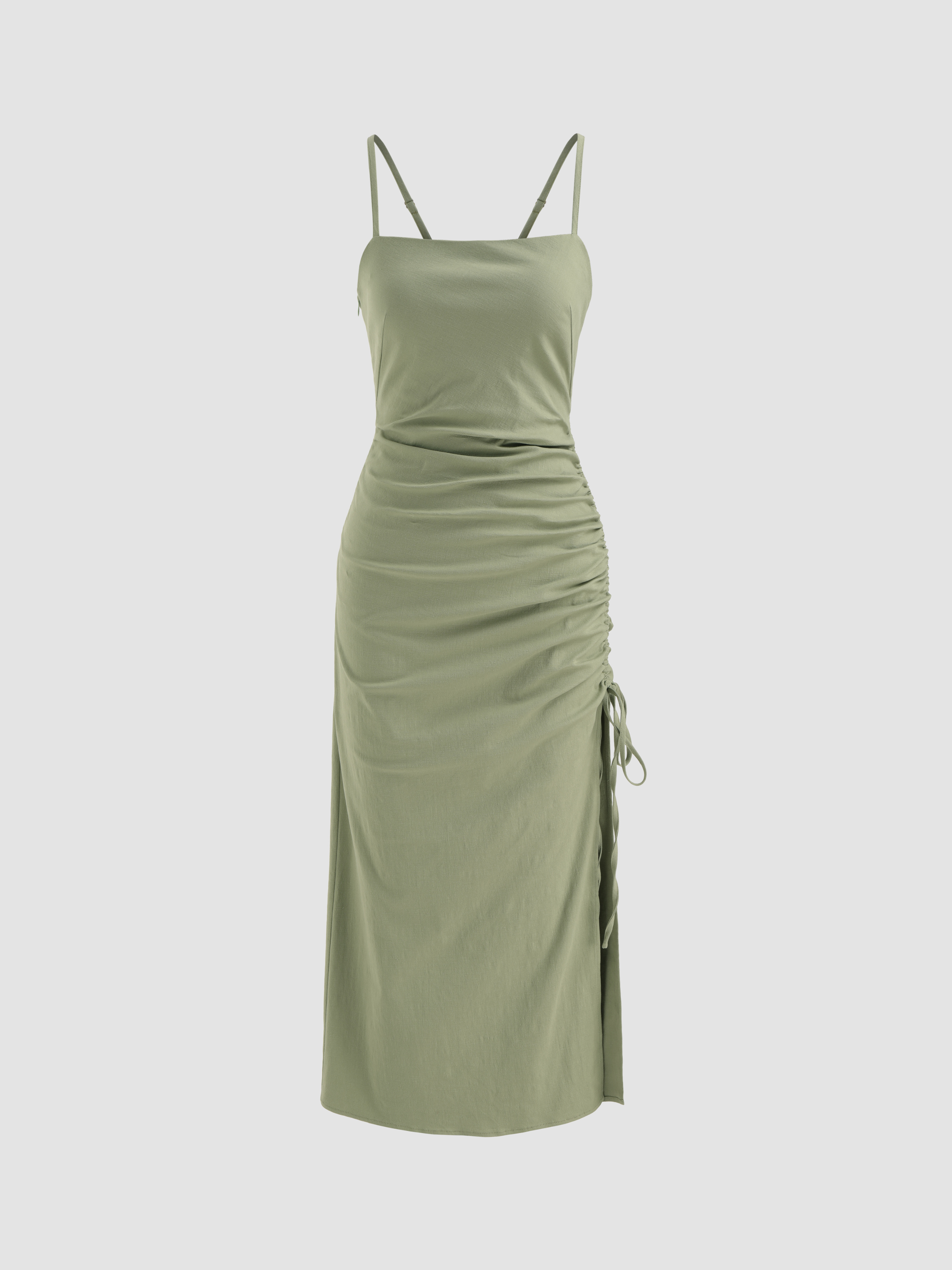 Cider Woven Cotton Cotton blend Square Neck Solid Ruched Drawstring Midi Dress for Vacation L Green