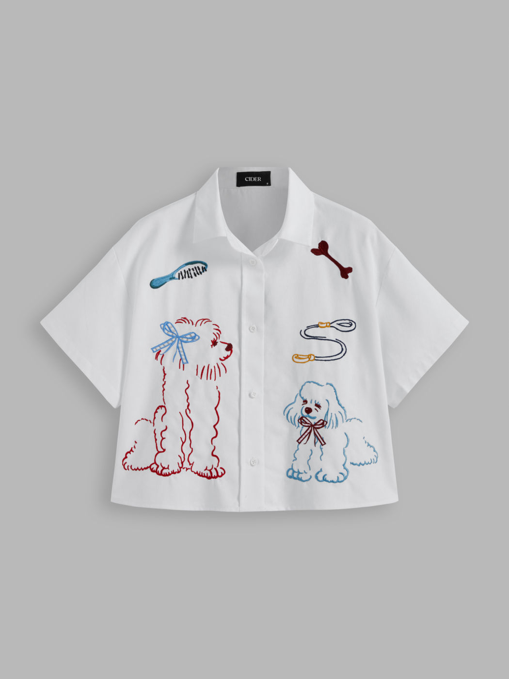 Leinenmischung Kragen Hund Stickerei Crop Oversized Hemd