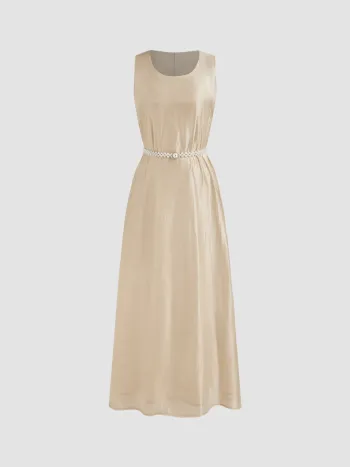 U-Ausschnitt Satin Einfarbig Maxikleid Mit Perlengürtel