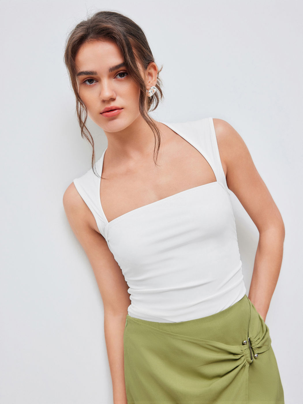 Square Neck Solid Ruched Tank Top