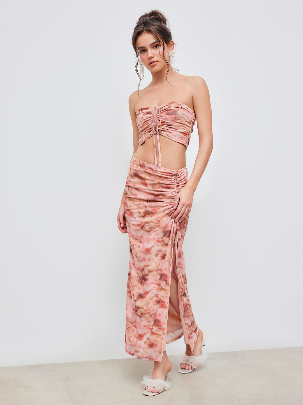  Mesh Abstrakt Pailletten Kordelzug Crop Top