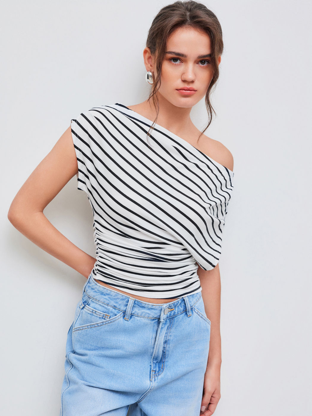  Cotton-blend Asymmetrical Neck Striped Ruched Short Sleeve Top