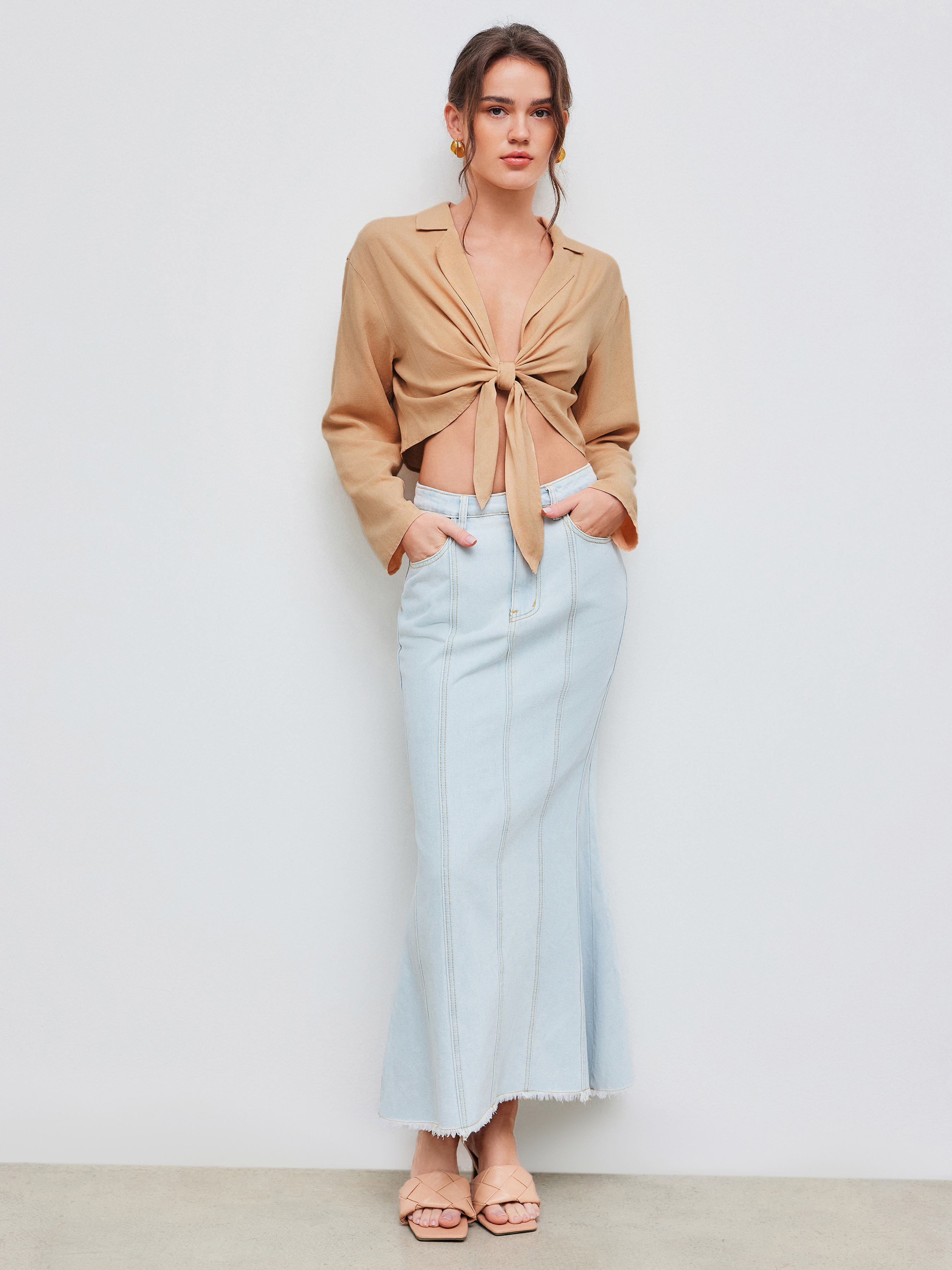 Linen-blend Cotton Cotton-blend Collar Solid Knotted Long Sleeve Blouse For Work