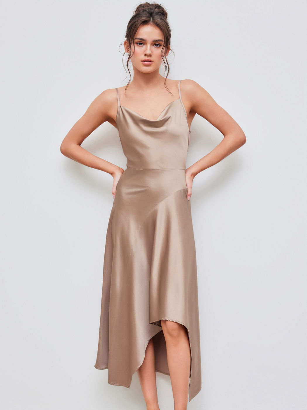 Satin Cowl Neck Solid Asymmetrical Neck Midi Dress