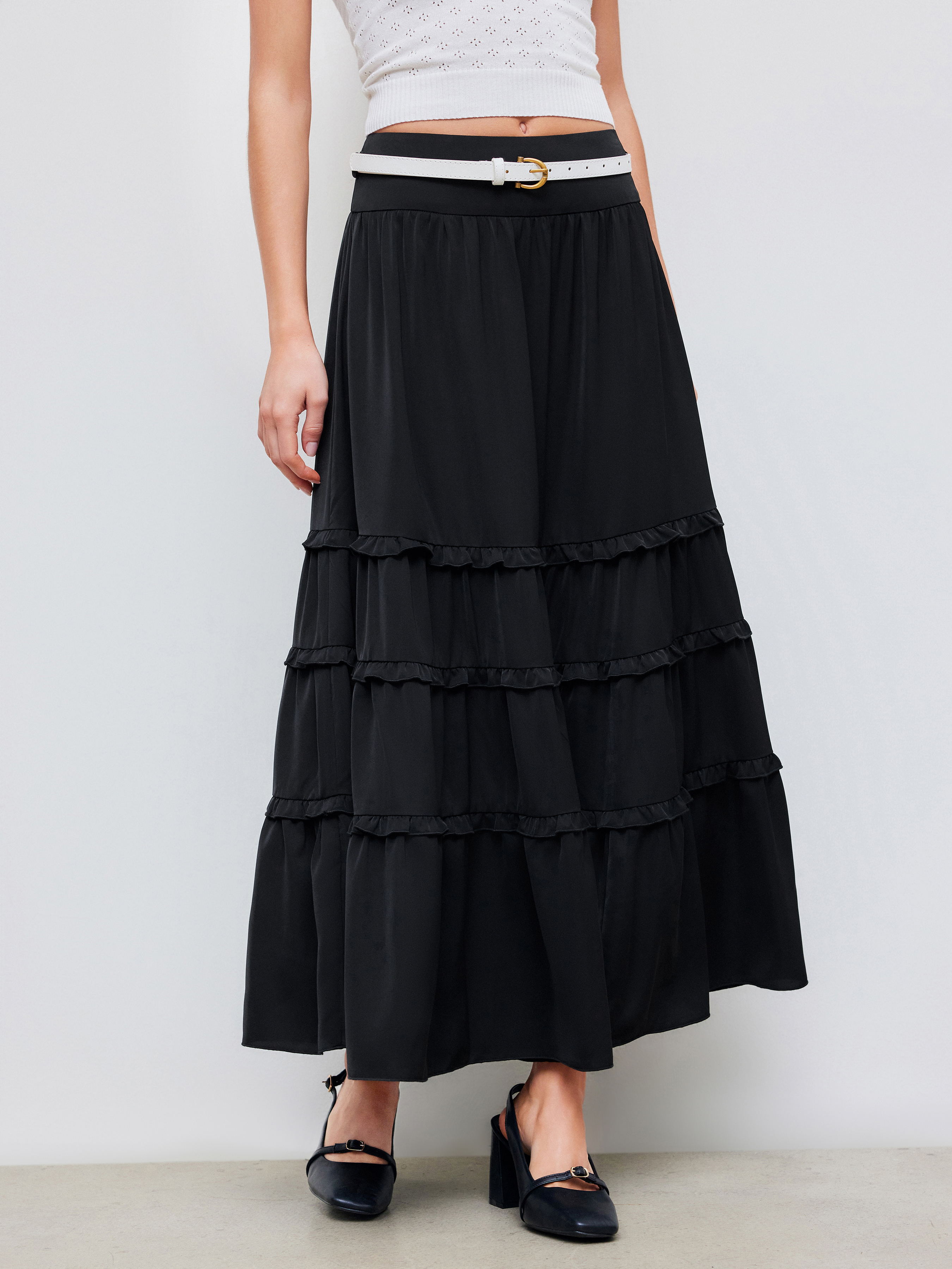 Woven High Rise Solid Tiered Maxi Skirt With Belt For Daily