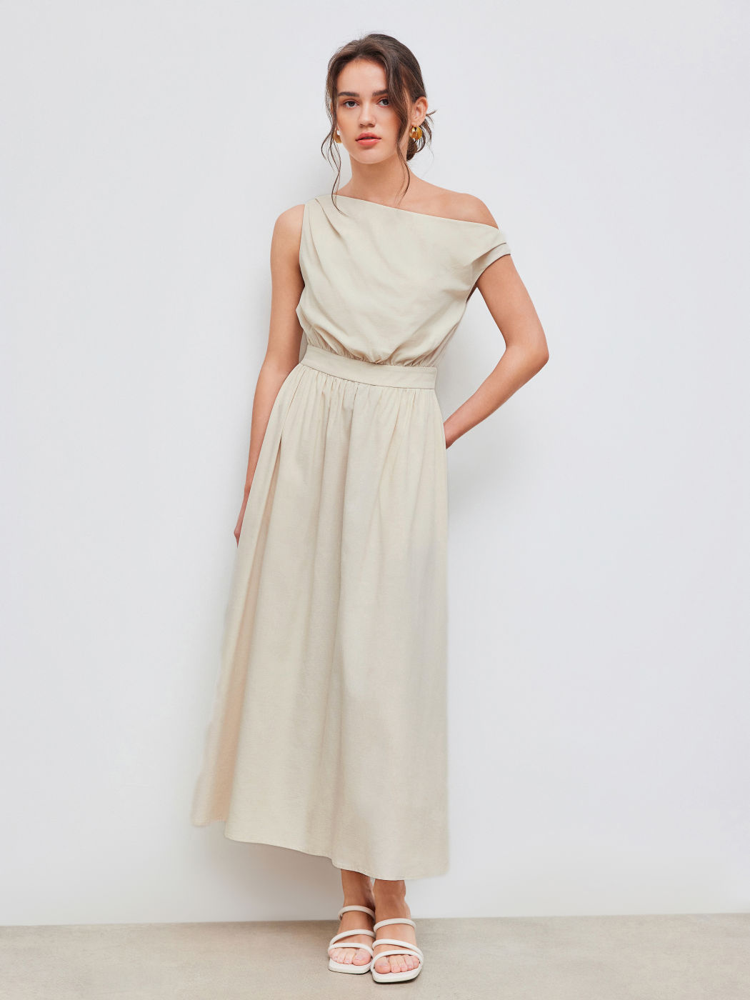 Cotton-blend Asymmetrical Neck Solid Ruffle Midi Dress