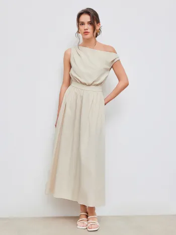 Baumwollmischung Asymmetrischer Ausschnitt Einfarbiges Rüschen Midikleid
