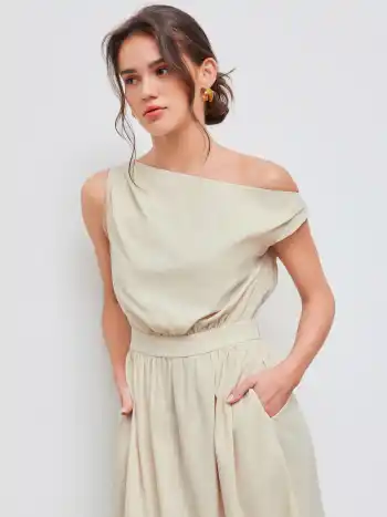 Baumwollmischung Asymmetrischer Ausschnitt Einfarbiges Rüschen Midikleid
