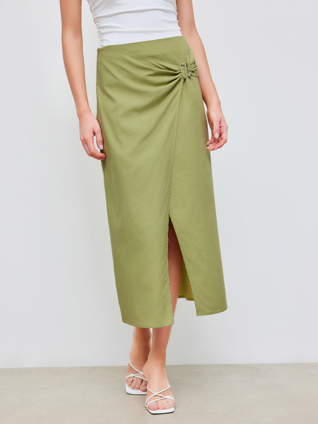Cotton-blend Mid Rise Solid Pierced Split Maxi Skirt