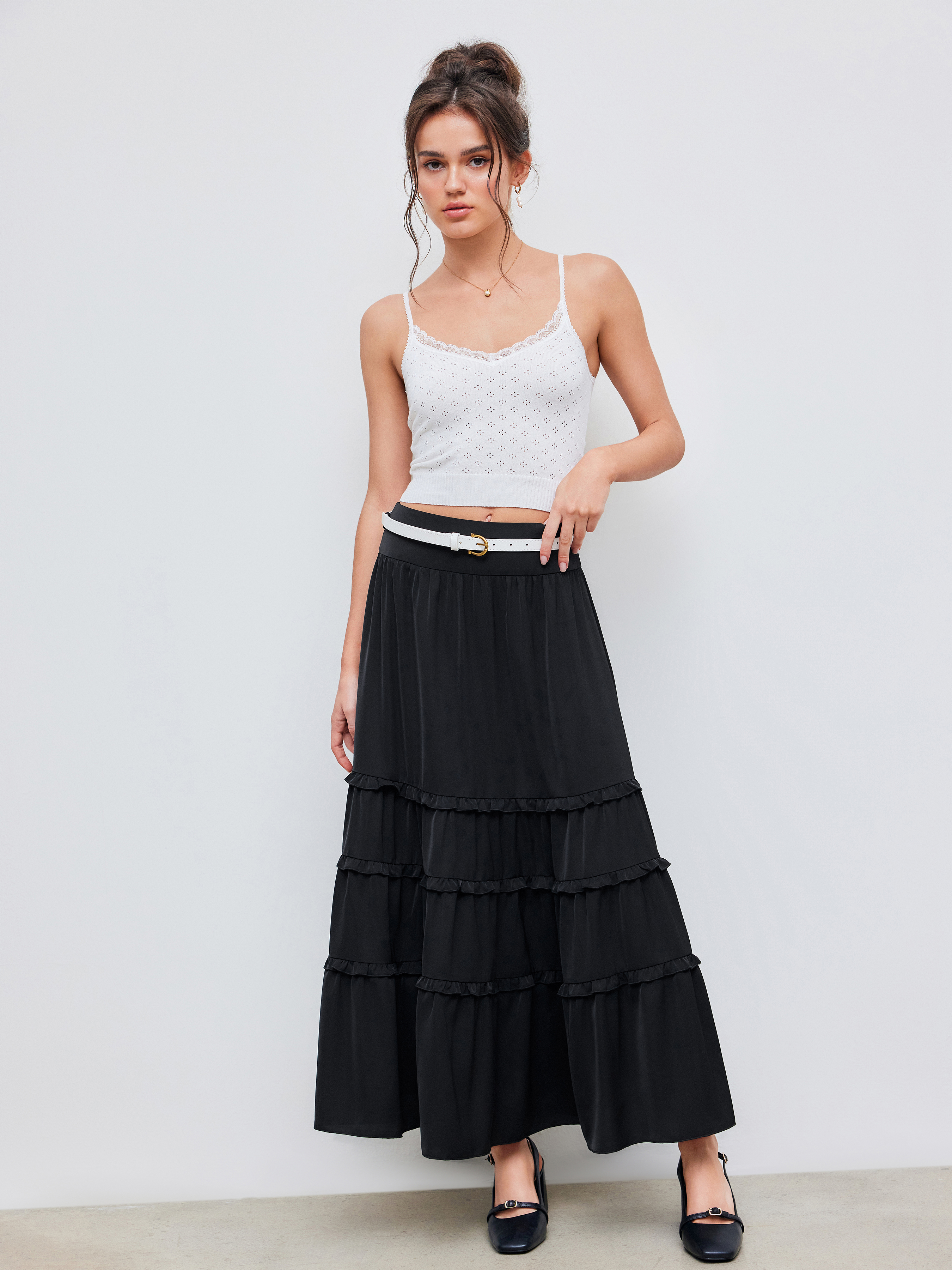 【代引可】 Woven High Rise Solid Tiered Maxi Skirt With Belt For Daily スカート