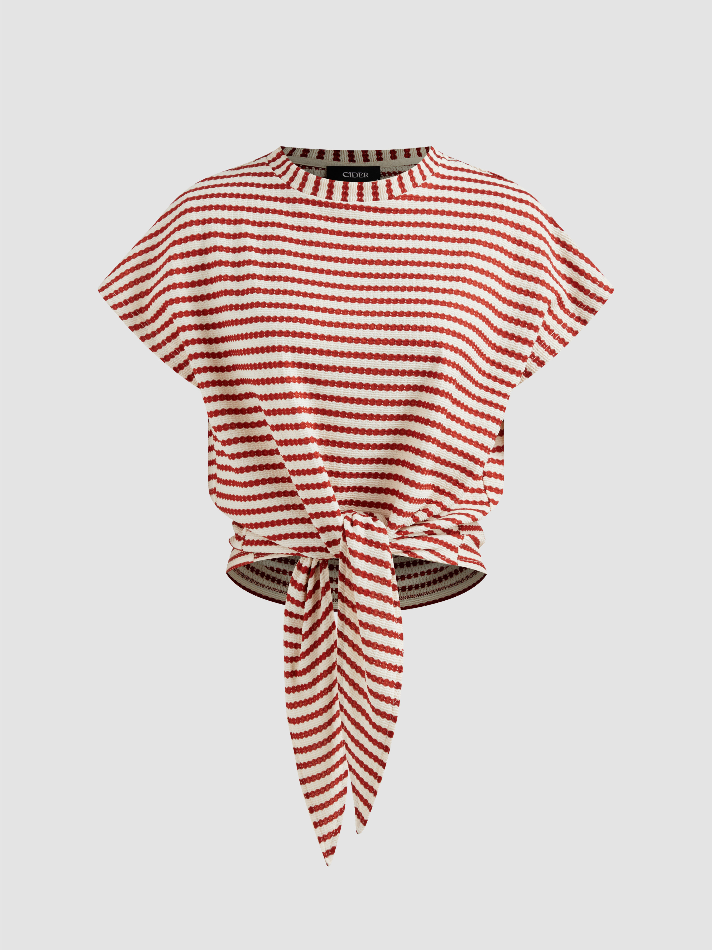 【DISCERNMENT】Daily Striped Round Knitwear T-Shirt Knit Fabric Round Neckline Striped Knotted Short Sleeve Tee