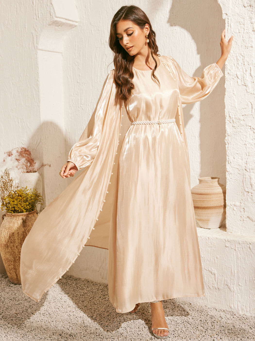 Satin Solid Pearl Long Sleeve Abaya