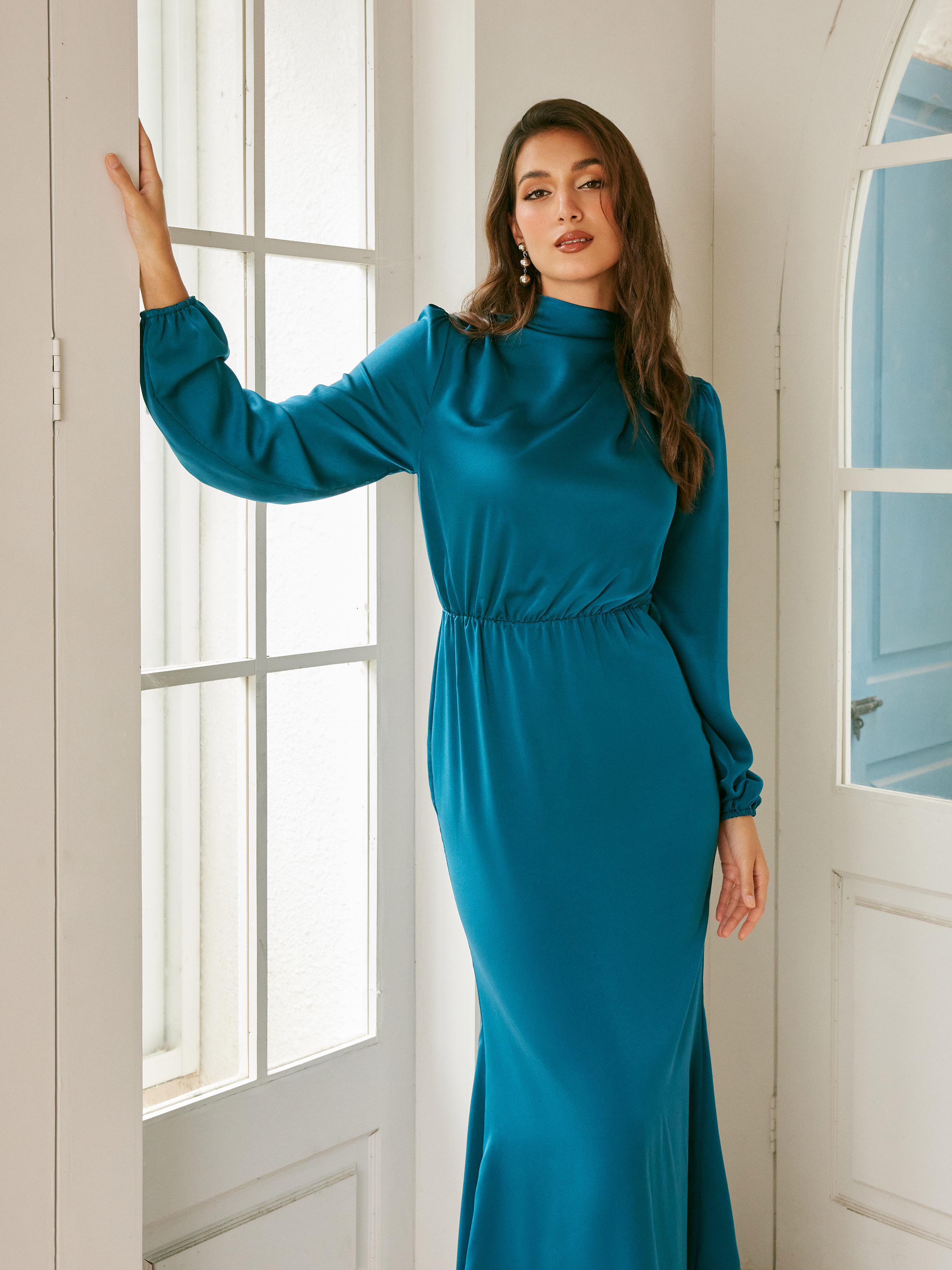 【Eaphi】standcollar volume midi coat Woven Stand Collar Solid Ruched Long Sleeve Maxi Dress For