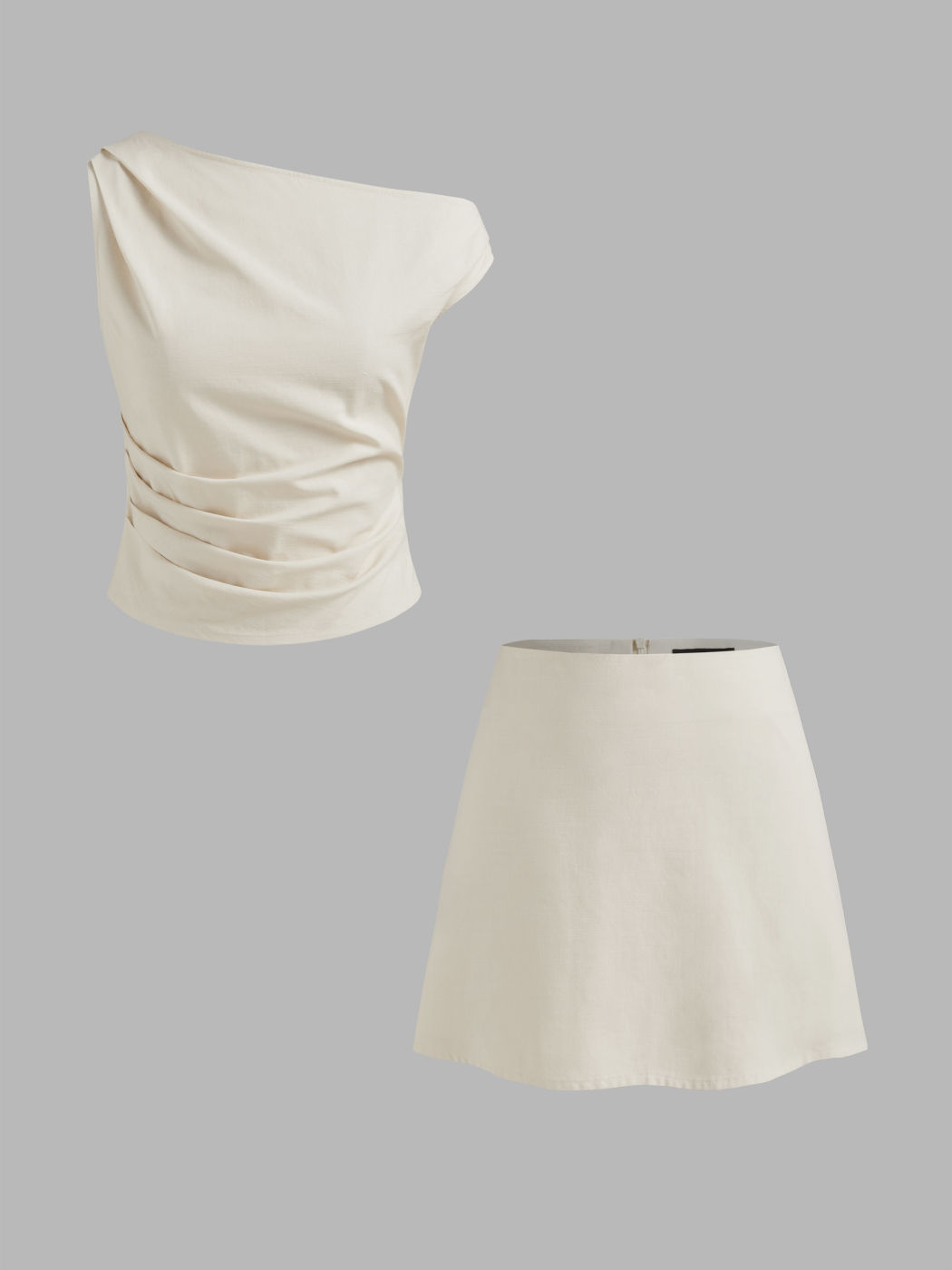 Cotton-blend Asymmetrical Neck Solid Ruched Tank Top With High Rise Solid Mini Skirt