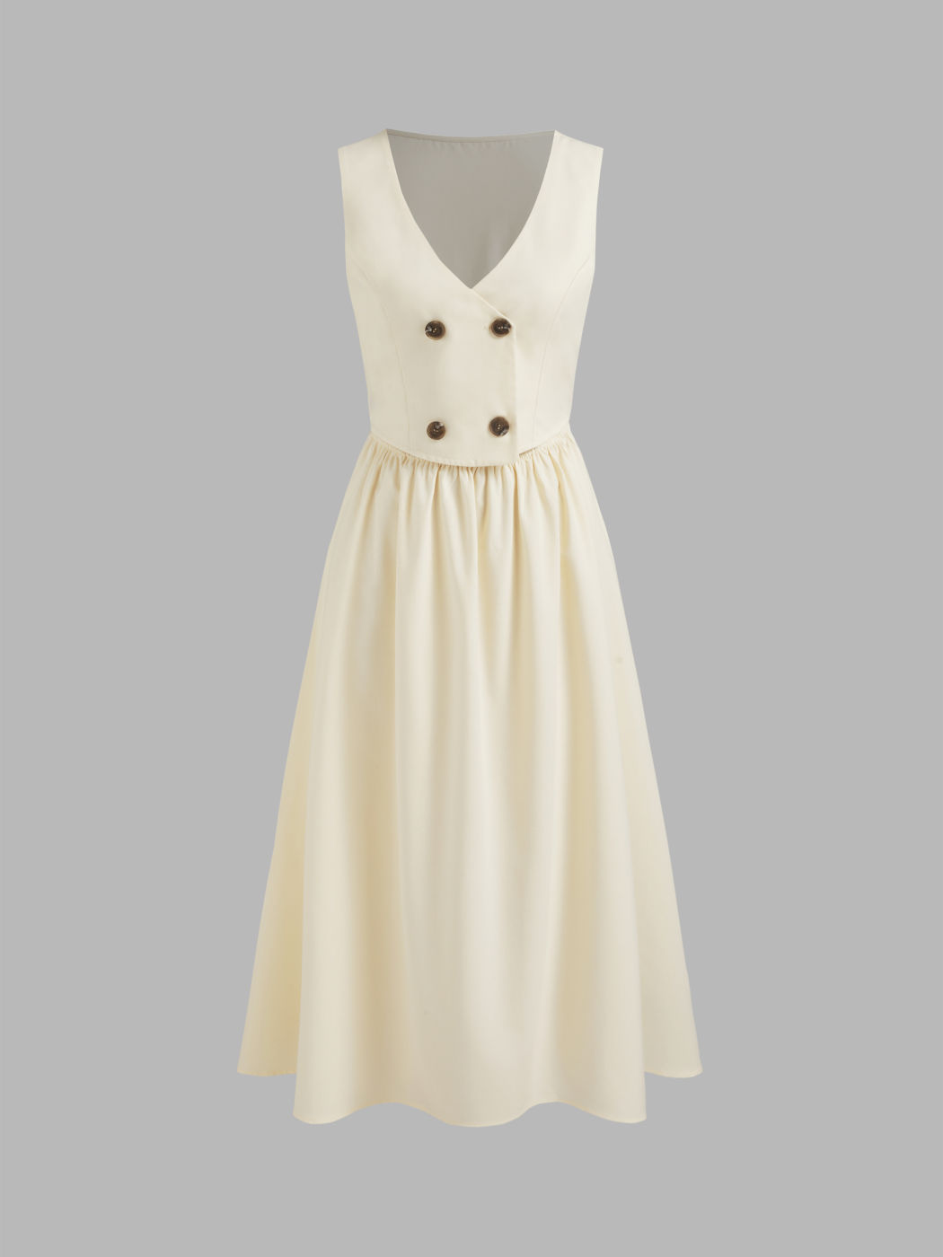Linen-blend V-neck Solid Button Midi Dress