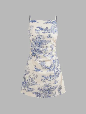 Santorini Beach Vacation Toile de Jouy Square Neck Tank Top