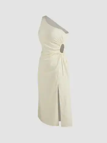 100% Baumwolle Asymmetrischer Ausschnitt Einfarbiges Cut-Out-Split Midikleid