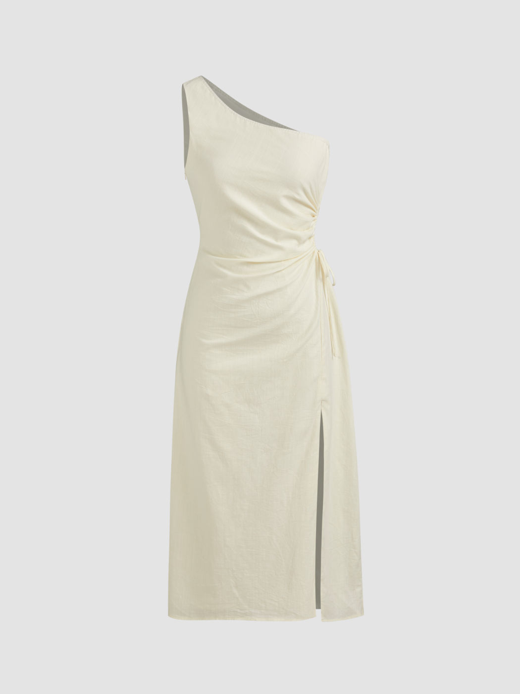 100% Cotton Asymmetrical Neck Solid Cut Out Split Midi Dress