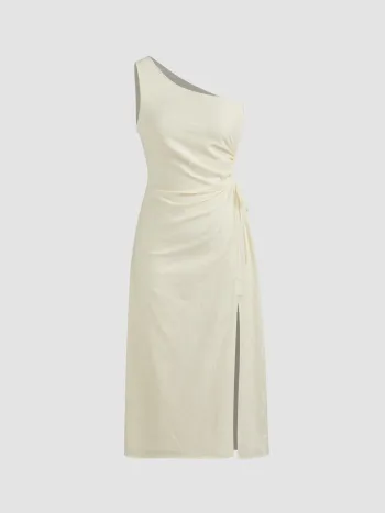 100% Baumwolle Asymmetrischer Ausschnitt Einfarbiges Cut-Out-Split Midikleid
