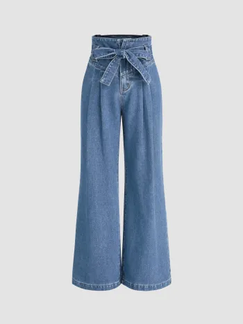 Hochbundige einfarbige Jeans mit Schleife und breiten Beinen