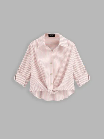 Baumwollmischung Kragen Streifen Gebundener Roll-up Langarmshirt
