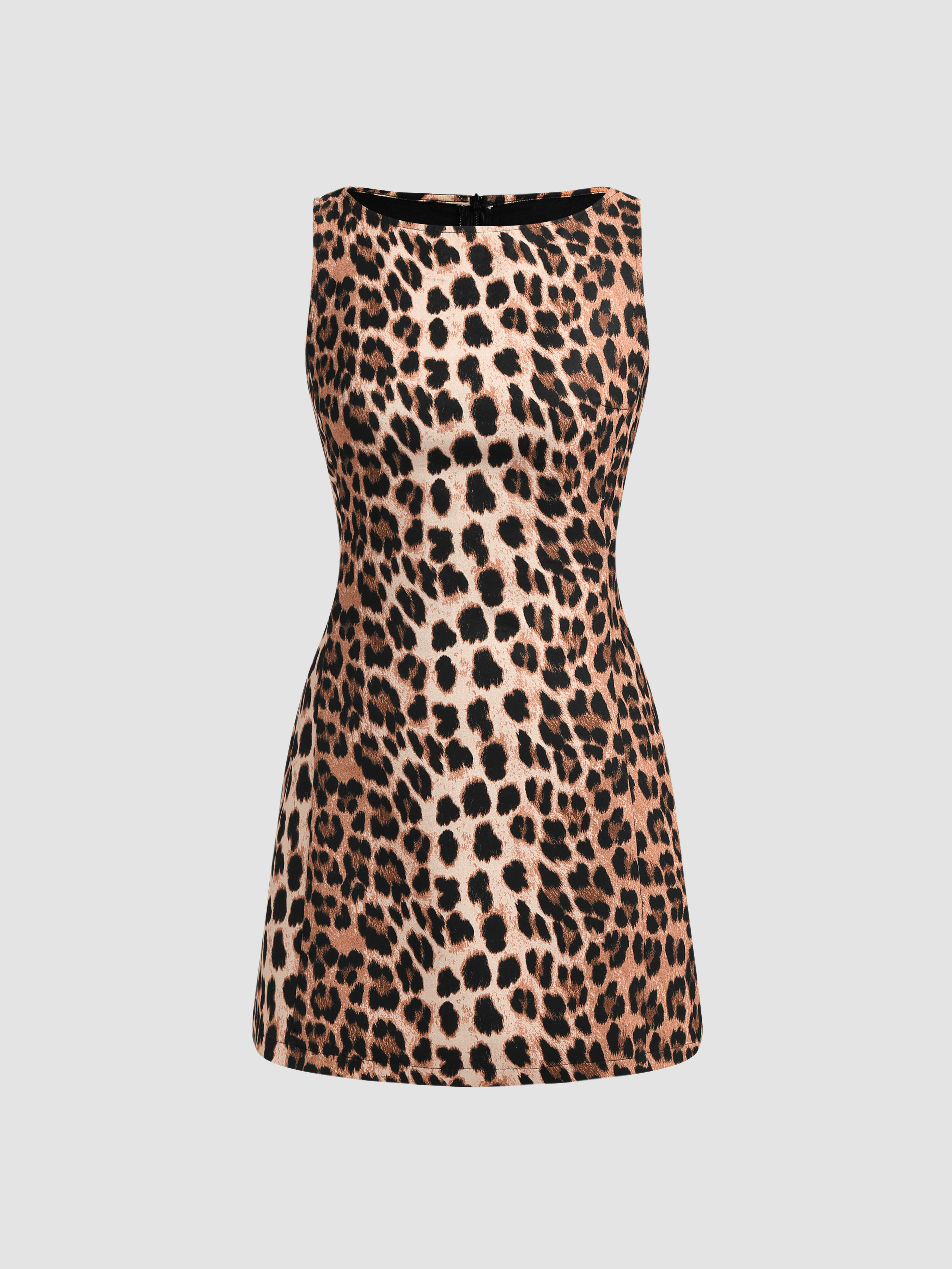 Cider◆ボートネック レオパード ミニドレス【送料込み】 Woven Boat Neck Leopard Print Zipper Mini Dress For Music