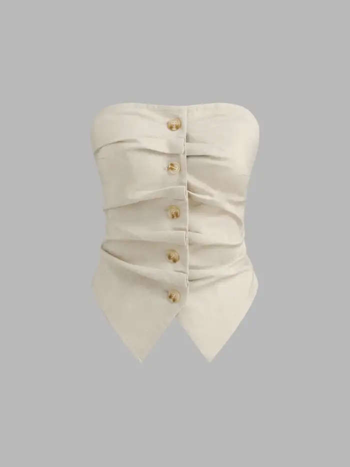 Solid Button Tube Top With Mid Rise Solid Wide Leg Trousers