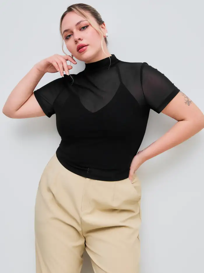 Mesh Mesh High Neck Solid See-through Short Sleeve Jersey Top