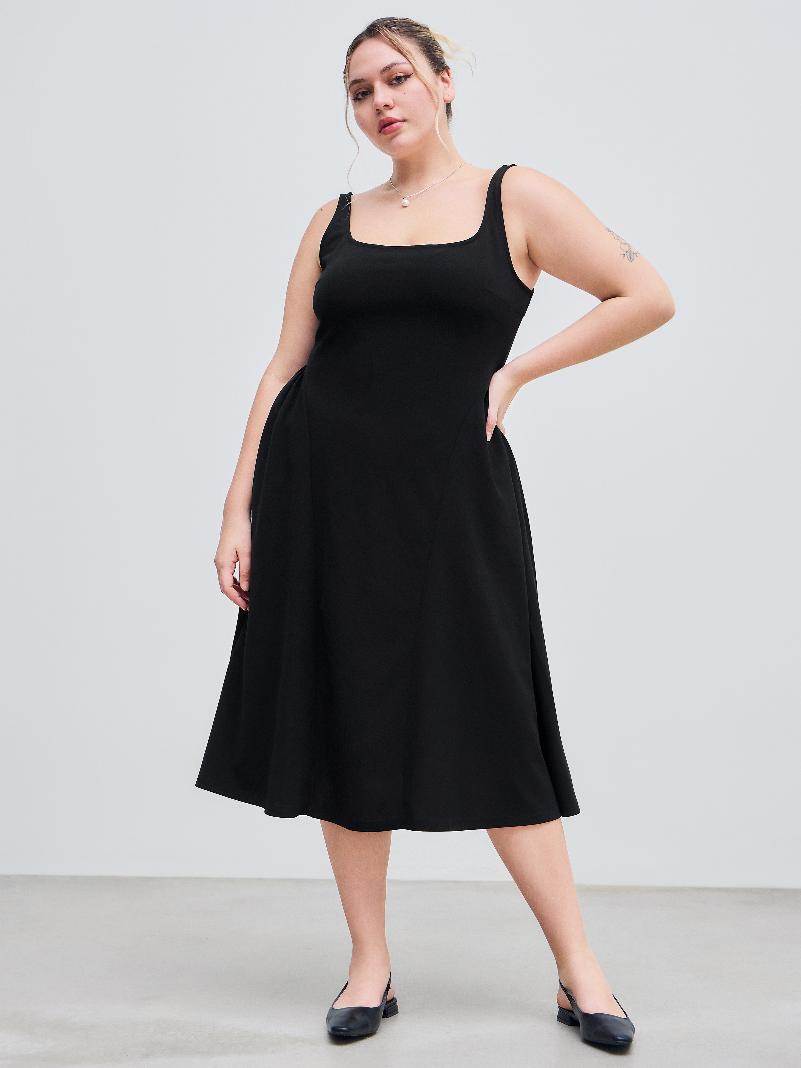 Jersey Woven Square Neck Solid Ruffle Midi Dress Curve & Plus For Date ...