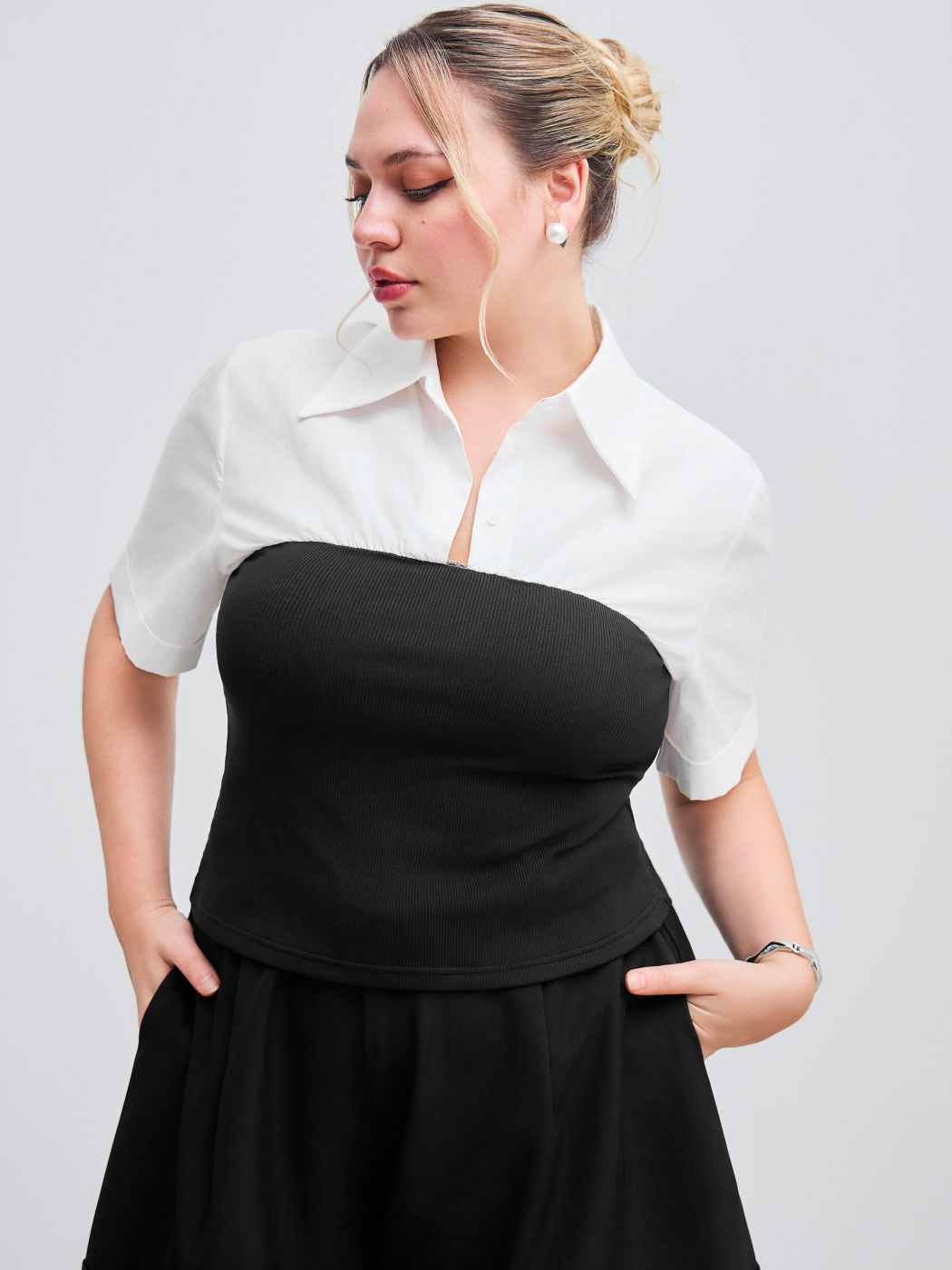 100% Cotton Collar Two Tone Patchy Short Sleeve Shirt Curve & Plus