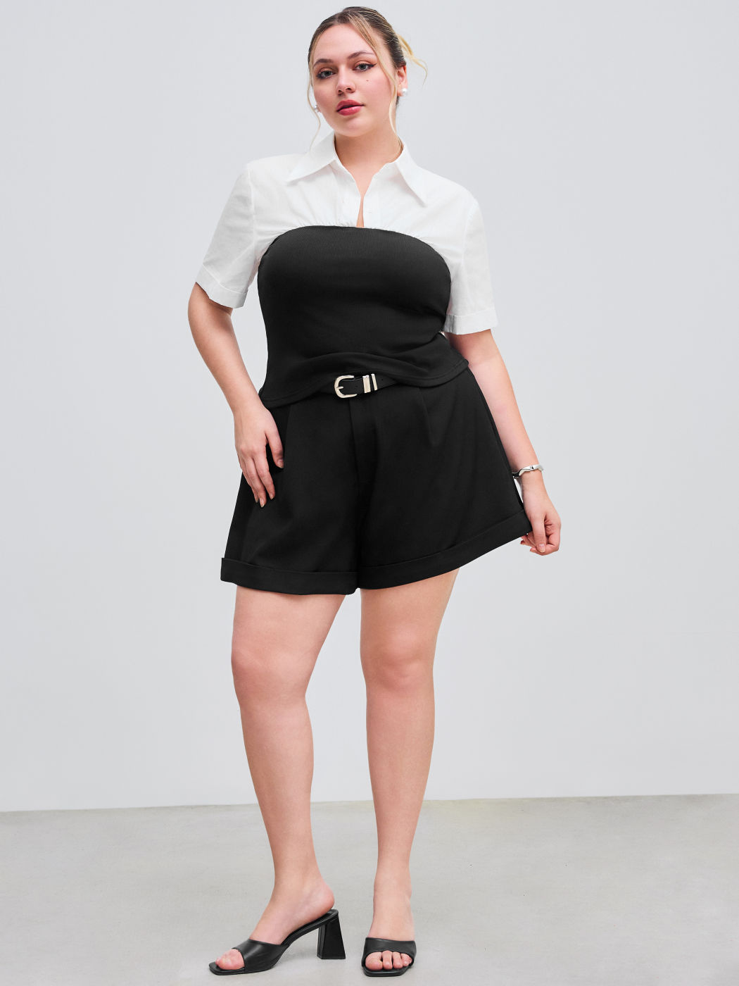 100% Cotton Collar Two Tone Patchy Short Sleeve Shirt Curve & Plus