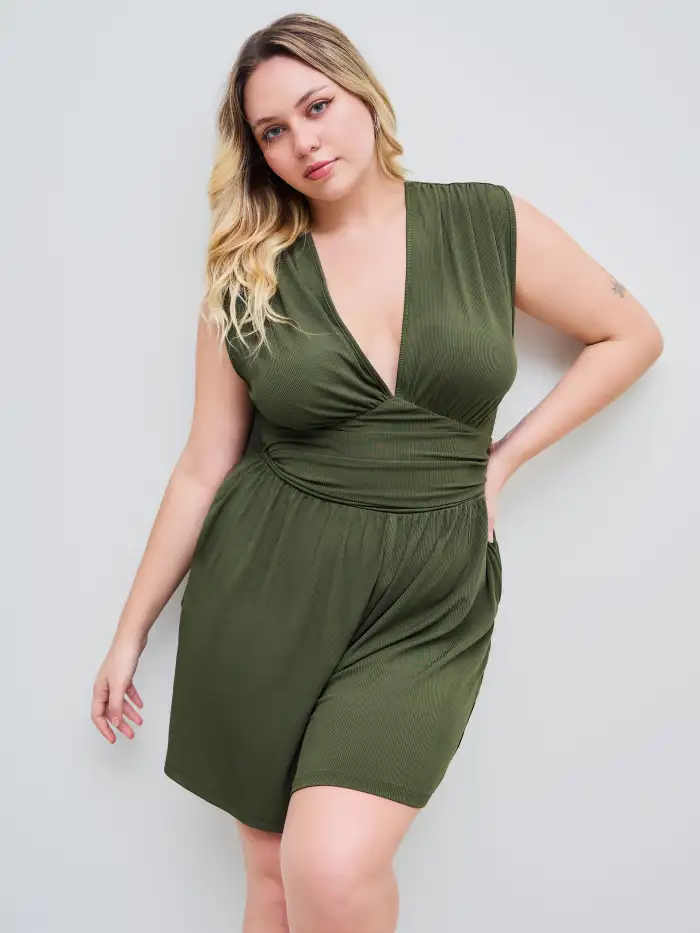 V-neck Ruched Solid Wide Leg Jumpsuit