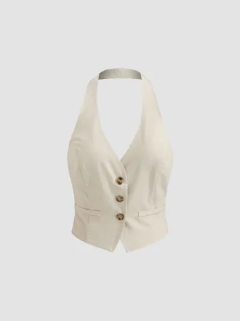Gilet con cintura e bottoni solidi in misto lino
