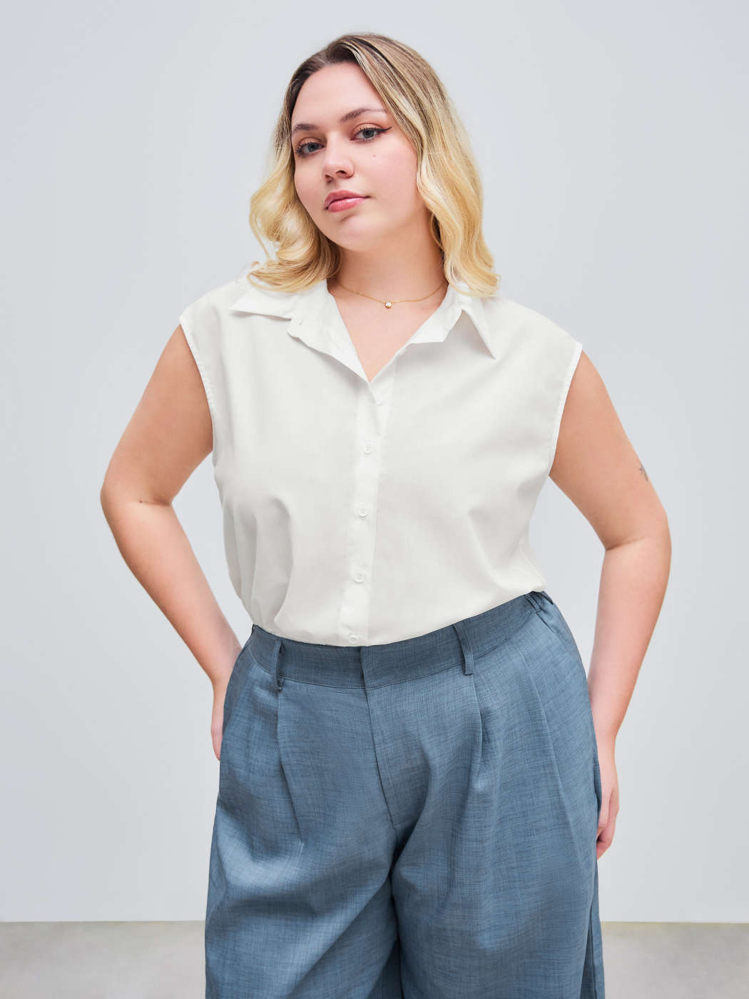 Woven Woven Collar Solid Button Shirt Bodysuit Curve Plus For Work