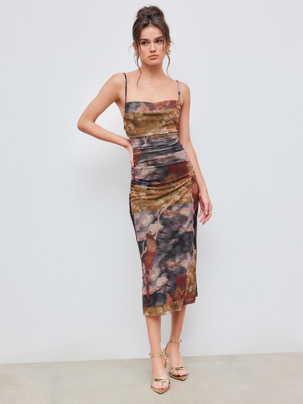 Mesh Cowl Neck Floral Ruched Cami Maxi Dress