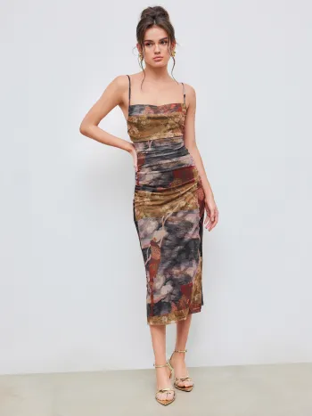 Mesh Cowl Neck Floral Ruched Cami Maxi Dress